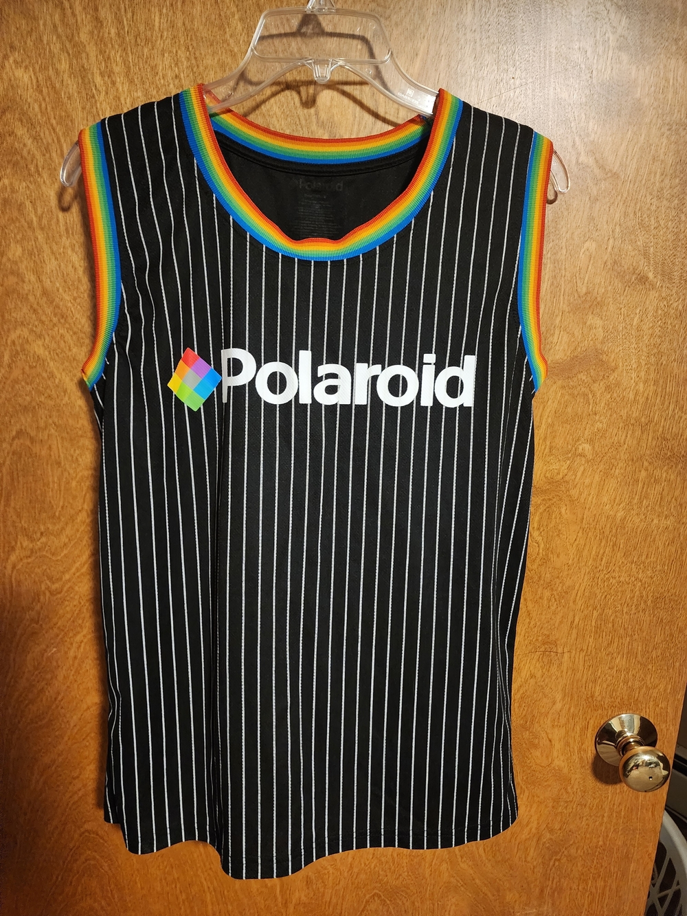 Polaroid Black Pinstripe Sleeveless Jersey with Rainbow Trim
